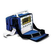 Propaq Encore Monitor, 3/4 view, in blue carrying case with strap