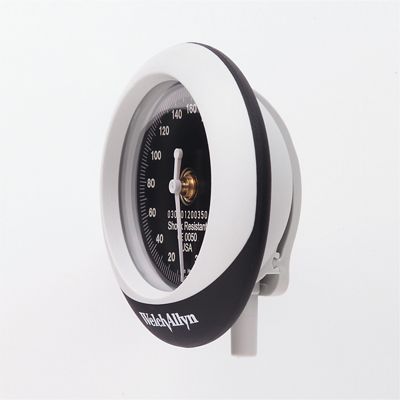 Detail view of a black Welch Allyn Silver Series DS45 Aneroid's gauge with white trim.