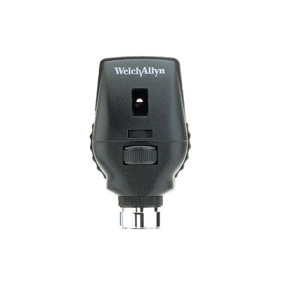 Vista dettagliata lato paziente di un oftalmoscopio standard Welch Allyn da 3,5 V nero. Sono visibili i selettori per diottrie e aperture.