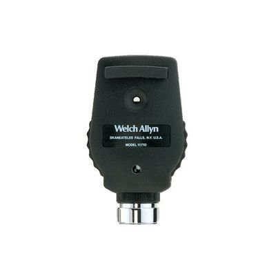 Vista lato medico di un oftalmoscopio standard Welch Allyn da 3,5 V, che mostra il comodo appoggio orbitale e la finestra di visualizzazione.