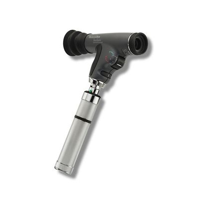 หัว Welch Allyn PanOptic Ophthalmoscope พร้อมแป้นหมุนสำหรับปรับความเข้มของแสงและโฟกัส บนด้ามจับสแตนเลสสตีล