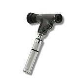 A Welch Allyn PanOptic Ophthalmoscope head, with dials for adjusting light intensity and focus, on a stainless steel handle.