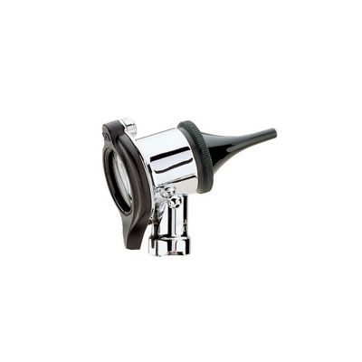 Vue détaillée de la tête de l'otoscope pneumatique Welch Allyn, montrant l'appui pour les yeux, la loupe et l'orifice de gonflage droit.