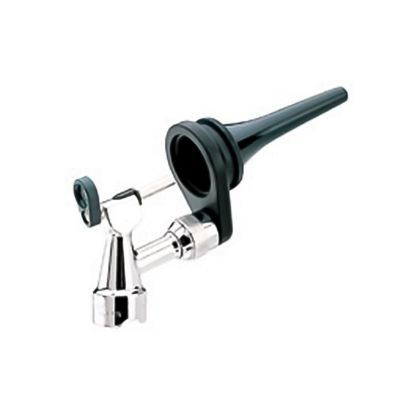 Een detailweergave van de kop van de veterinaire Welch Allyn Operating Otoscope, met de draaibare lens en het speculum.