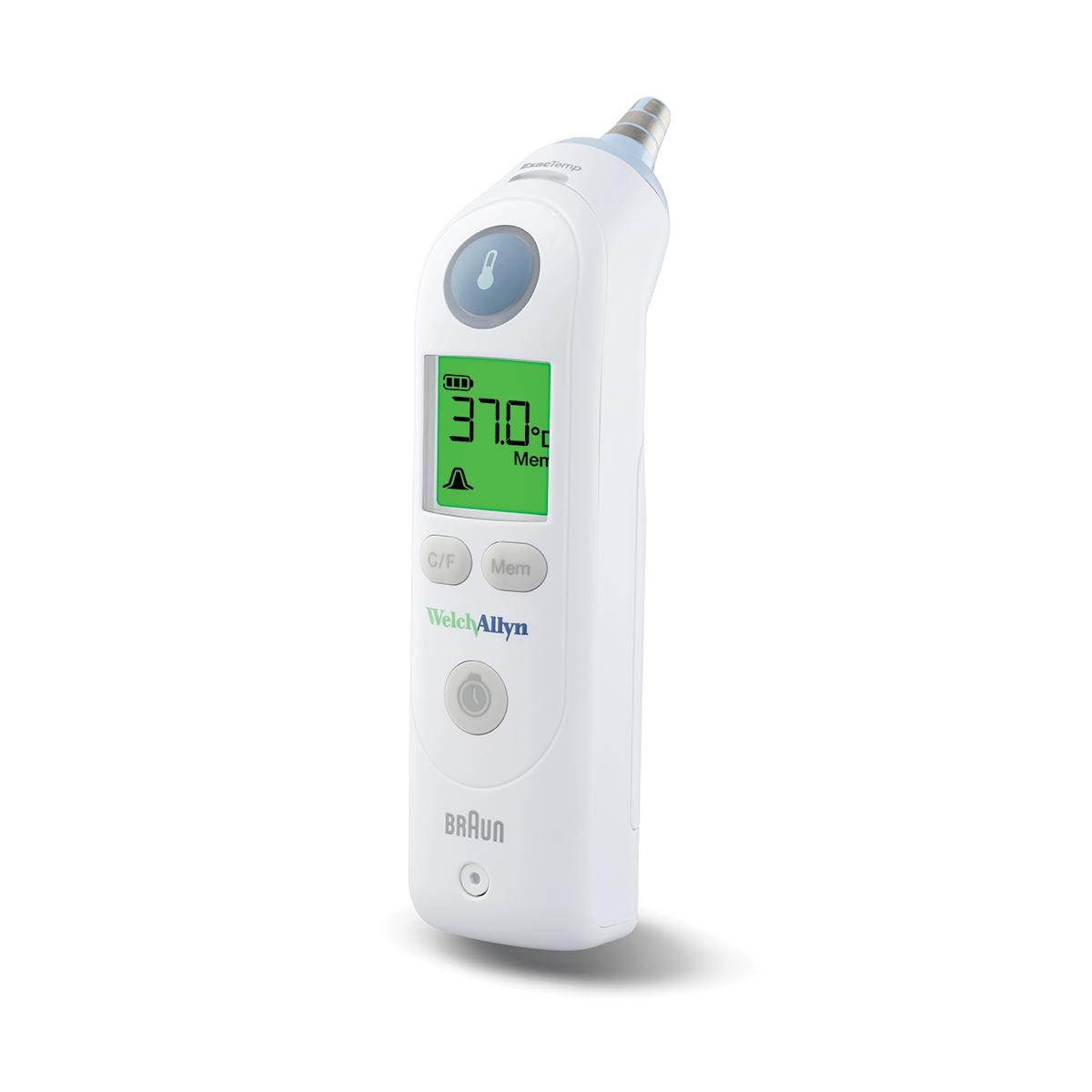 Braun ThermoScan Pro 6000 Ear Thermometer showing reading of 37.0 degrees Celsius, ¾ view, right side