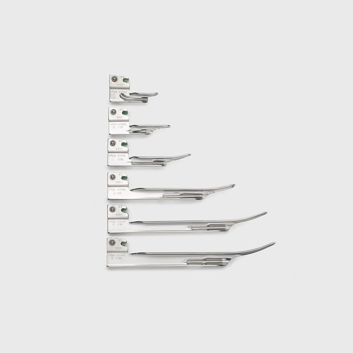 Six Miller Fibre Optic Laryngoscope System blades of various size