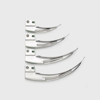 Stainless steel Welch Allyn Macintosh laryngoscopy blades, in 4 sizes, for Welch Allyn Fiber-Optic Laryngoscope Systems.