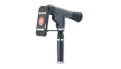 PanOptic Ophthalmoscope, side view, with smartphone positioned in front of view finder with the iExaminer smart bracket