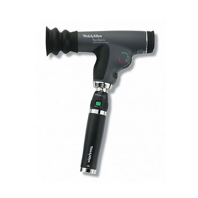 PanOptic Ophthalmoscope, side view, mounted on lithium-ion handle