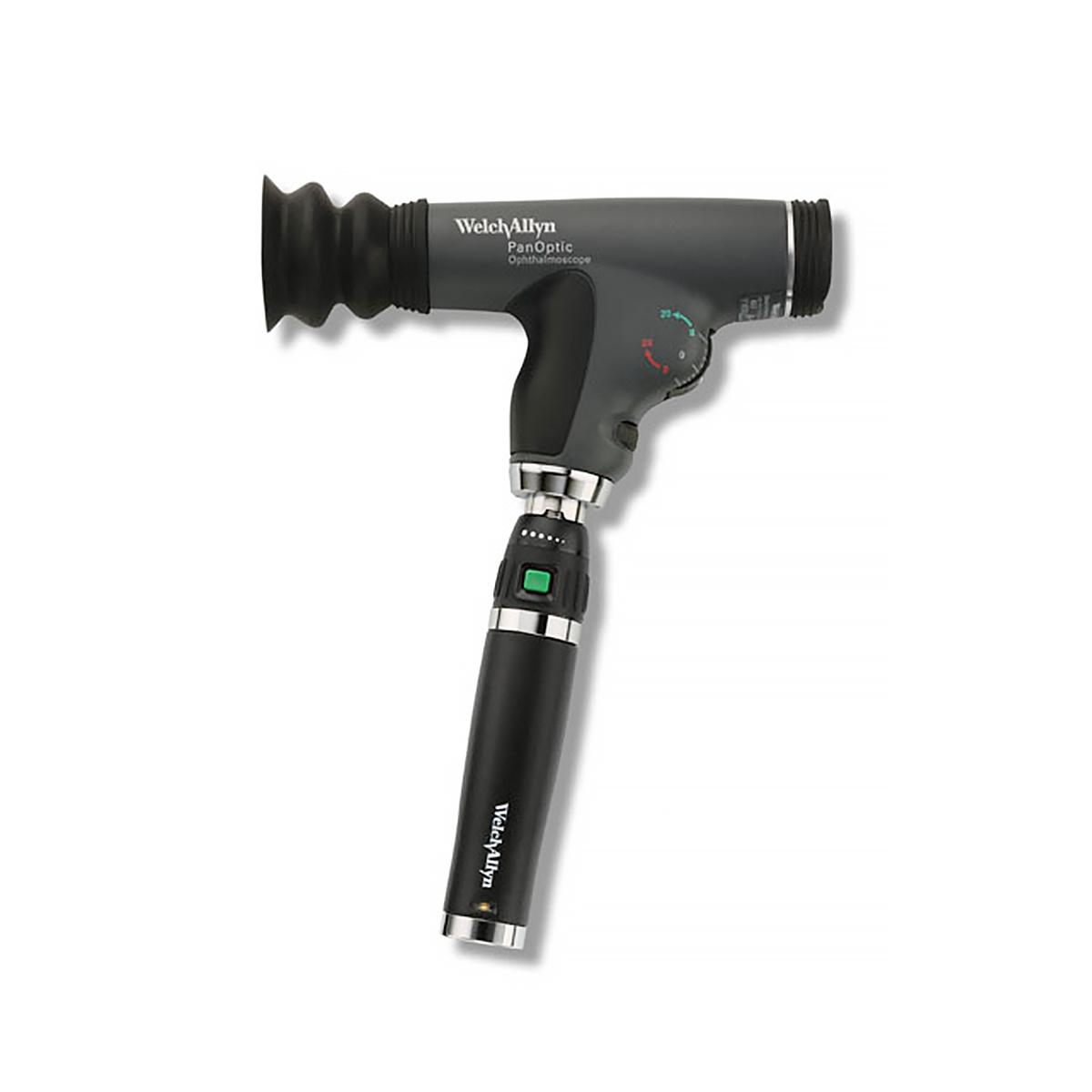 A profile view of a Welch Allyn PanOptic Ophthalmoscope head that is attached to a Welch Allyn hand-held light source.