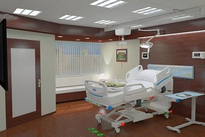 A digital render of a patient room with a hospital bed, equipment and wood décor 