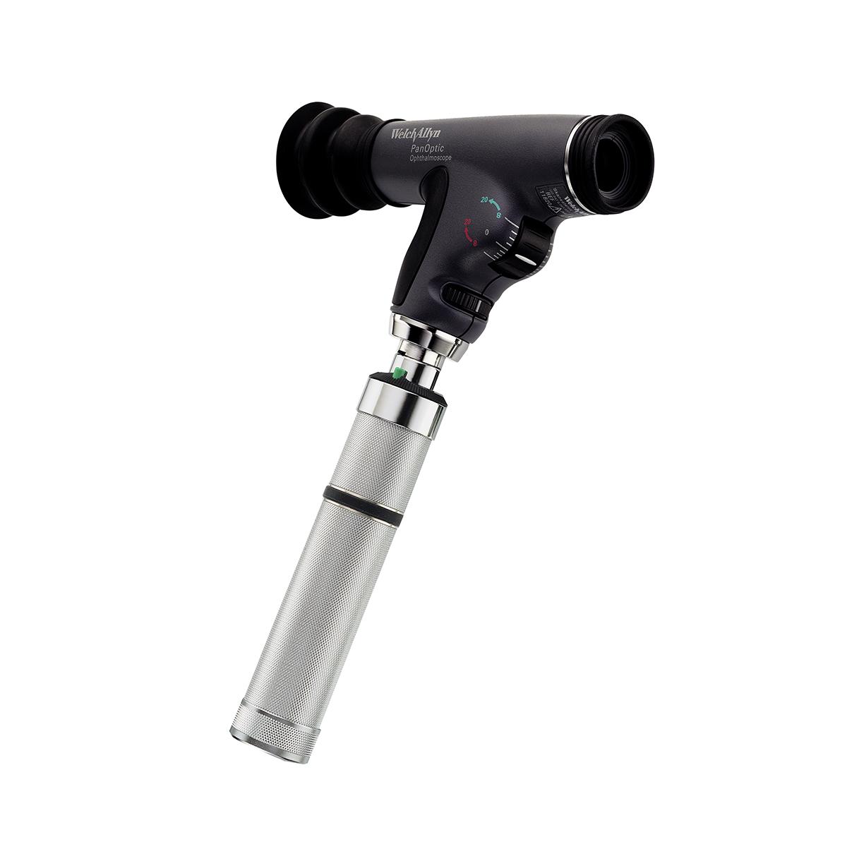 PanOptic Ophthalmoscope, side view, mounted on nickel cadmium handle