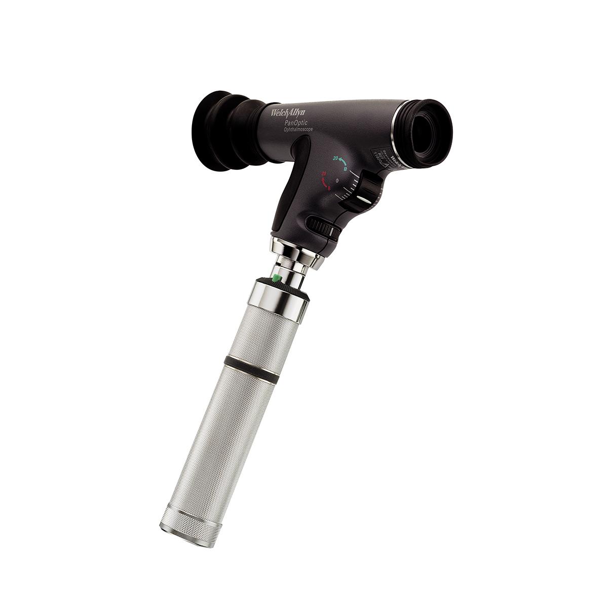 An oblique view of a Welch Allyn PanOptic Ophthalmoscope head that is attached to a stainless steel power handle.