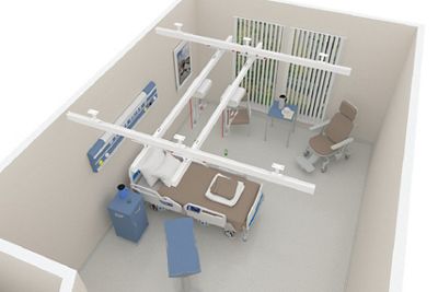 A digital render of a patient bedroom from above with bed, transport chair and equipment