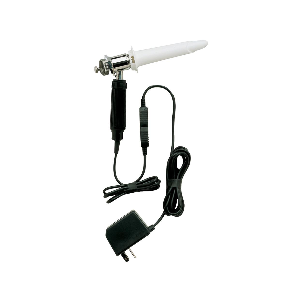 An anoscopy system with a white Welch Allyn Disposable Anoscope attached. The anoscope is tapered with a 45-degree bevel.