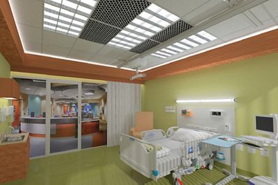 A digital render of an ICU patient room with bed and overhead lift