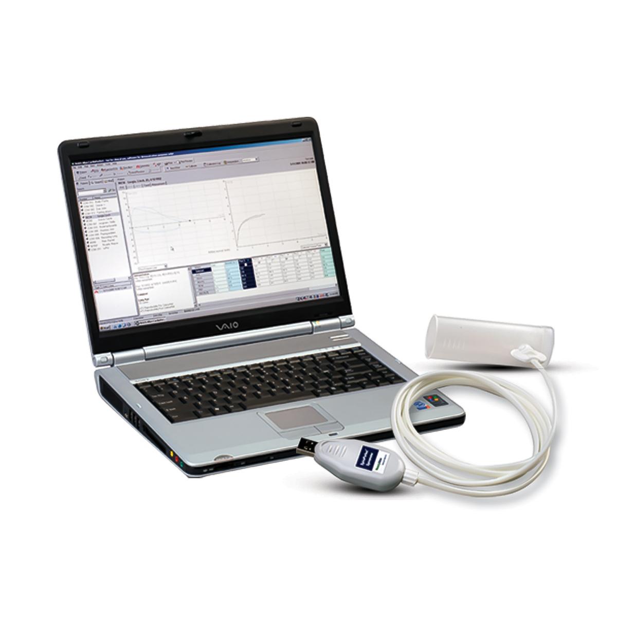 A Welch Allyn SpiroPerfect PC-Based Spirometer with a laptop computer.