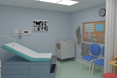 A digital render of an exam room with exam table, wall-mounted equipment and x-rays