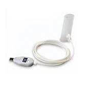 Un spiromètre sur ordinateur personnel Welch Allyn SpiroPerfect blanc. L’appareil se connecte à un ordinateur par câble USB.