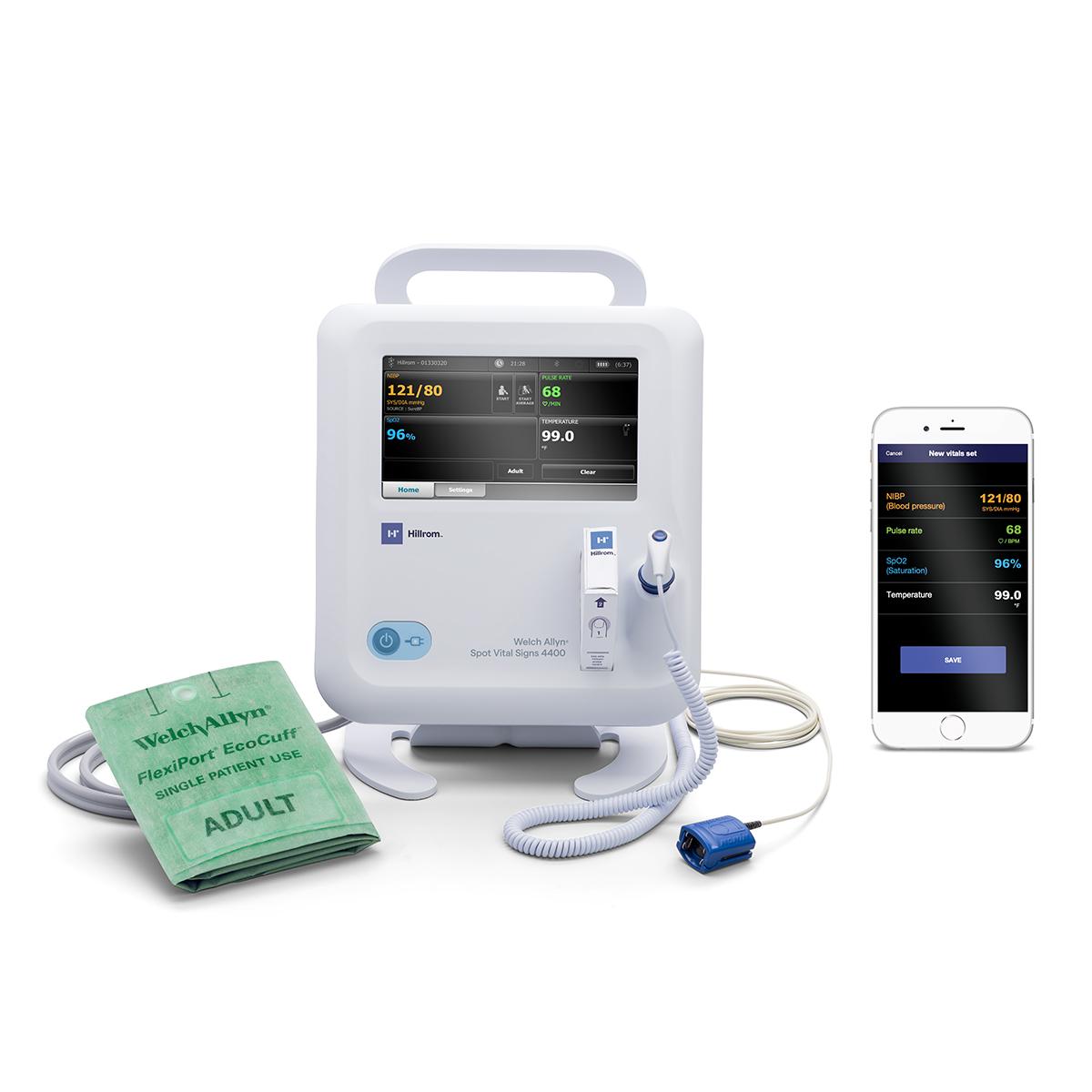 Patients capture their vital signs with the Welch Allyn® Spot Vital Signs® 4400 Device and send data to their Hillrom™ Connex® App via Bluetooth®. 3.	https://hillrom.dam.aprimo.com/Assets/Records/~5680aaf2a3894f89a6e0abea00f336e4 a.	Alt text suggestion: Clinicians access patient data via the web-based Hillrom™ Connex® Clinical Portal.