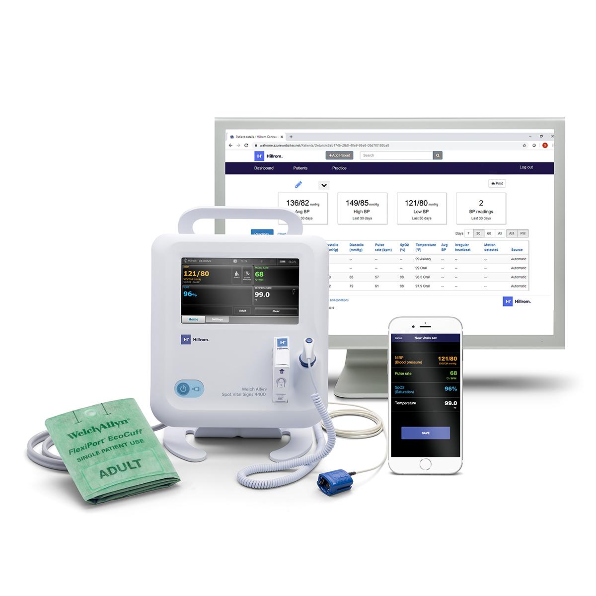 Remote patient monitoring with the Hillrom™ Extended Care Solution, including the Welch Allyn® Spot Vital Signs® 4400 Device, Hillrom(TM) Connex® App and Hillrom Connex Clinical Portal.