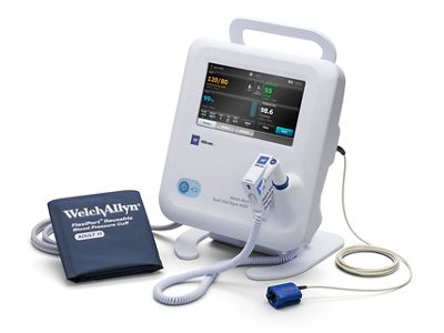 Welch Allyn Spot 4400 Vital Signs Device is shown with a blood pressure cuff, thermometer and pulse oximeter
