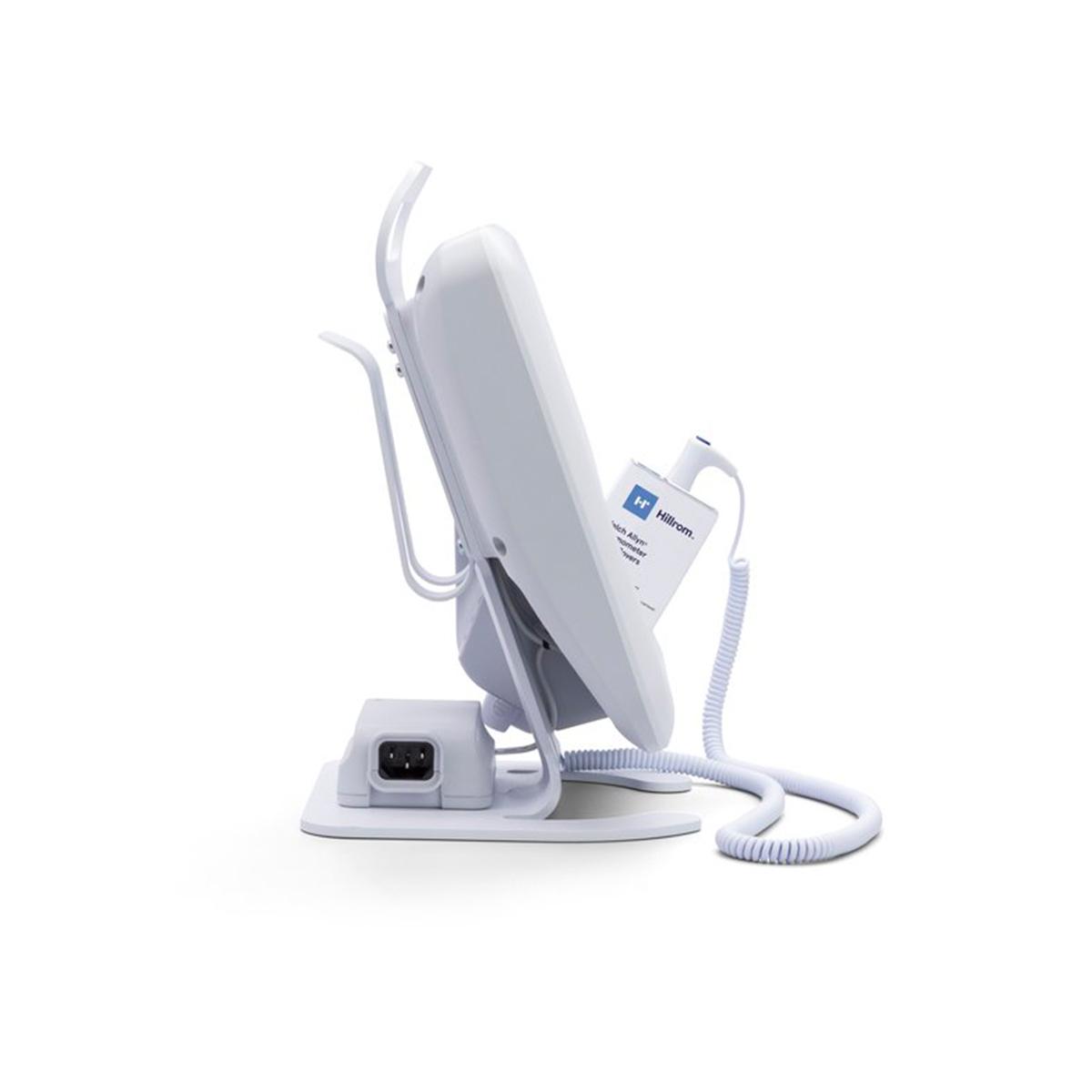 This right-side view shows the sleek profile of Hillrom's Welch Allyn® Spot Vital Signs® 4400 Device on the desktop stand. 