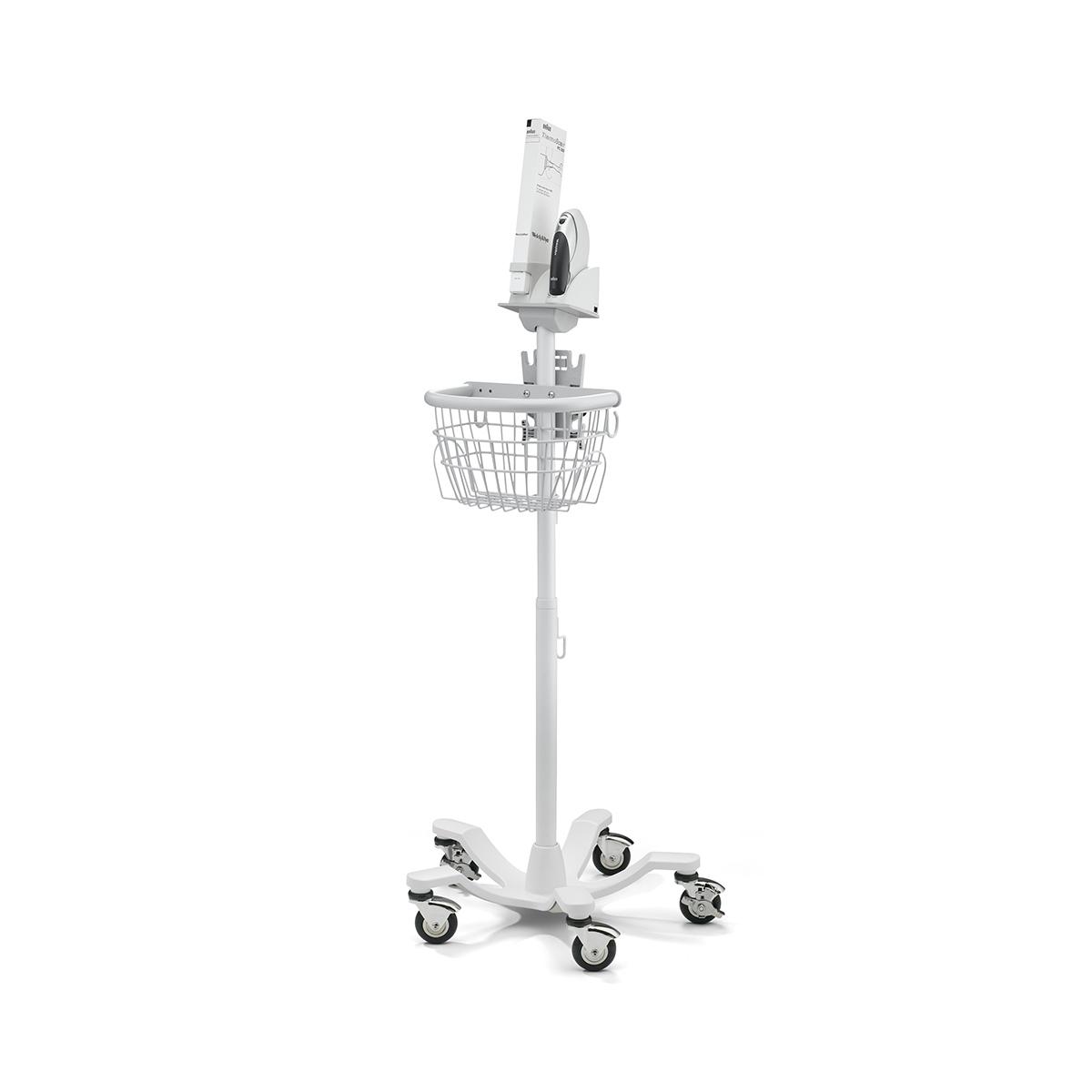 A Welch Braun ThermoScan PRO 4000 mounted on a white rolling stand. The stand has 5 caster wheels and a wire basket