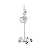 A Welch Braun ThermoScan PRO 4000 mounted on a white rolling stand. The stand has 5 caster wheels and a wire basket