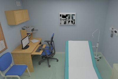A digital render of an ambulatory care procedure room with exam table, clinician desk and x-rays