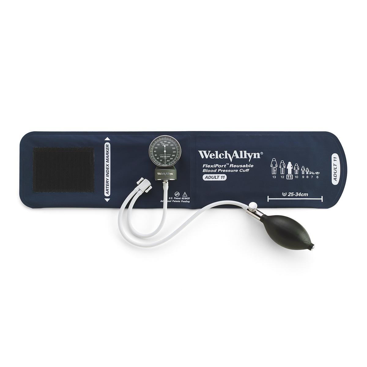 黒の Welch Allyn 成人用サイズ 11 の加圧カフに装着された Welch Allyn デュラショック DS48 ポケット型血圧計。