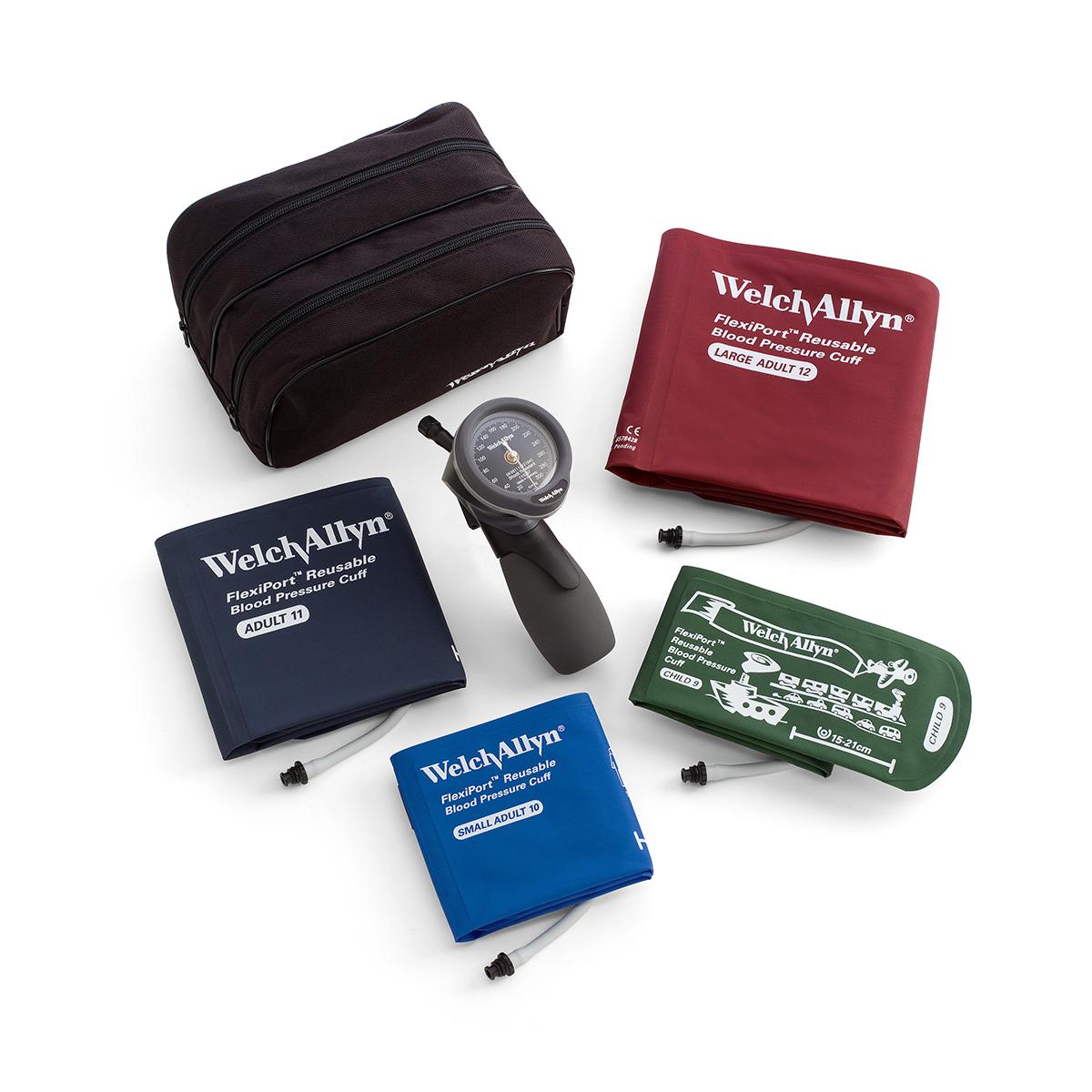 Gold Series DS66 Trigger Aneroids displayed with a variety of blood pressure cuffs and storage case.