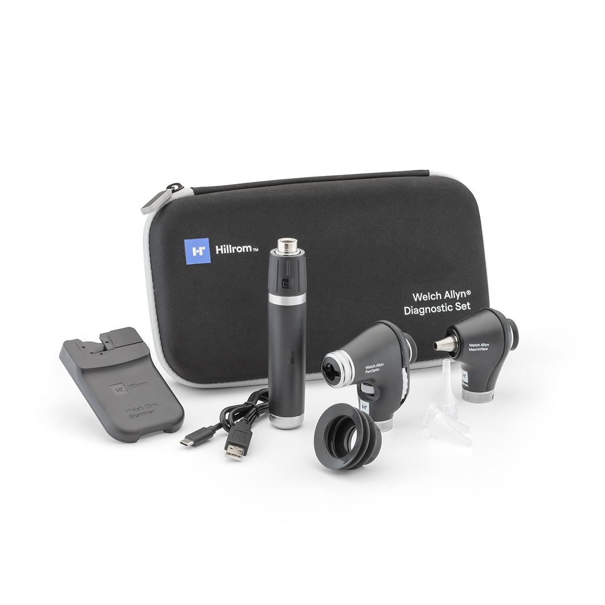 A Welch Allyn Diagnostic Set, including otoscope, ophthalmoscope, handle, USB charger and zippered carry case.