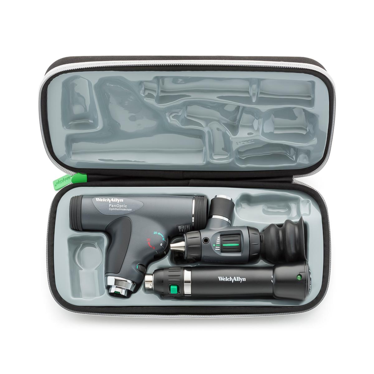 An open Welch Allyn 97800-MSL Diagnostic Set case with scopes, stainless steel power handle and eye cup.