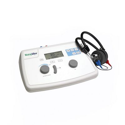 The table-top Welch Allyn AM 282 audiometer has knobs for frequency and intensity selection and an easy-to-read LCD screen.