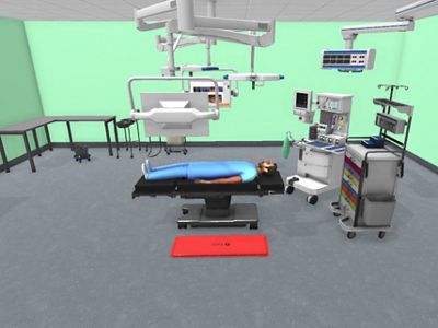 A digital render of an intermediate ambulatory operating room with patient on a surgical table 