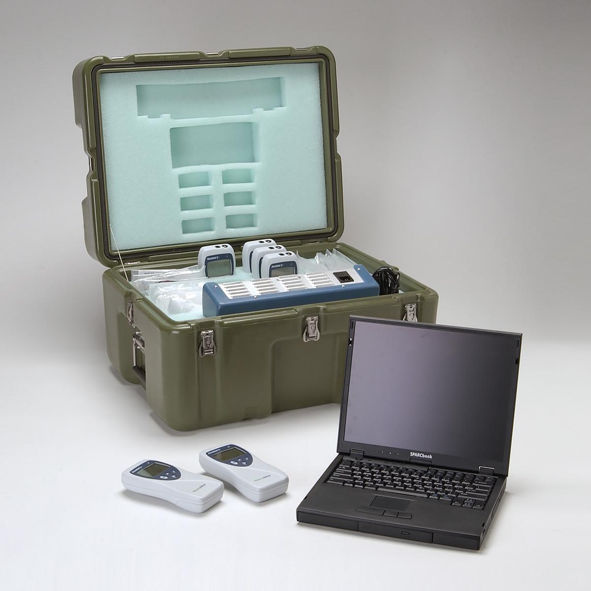 The Welch Allyn Mobile Acuity LT Central Station laptop, with Clinician Notifiers, charging base and case.