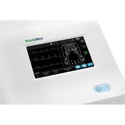 ECG de repos Welch Allyn CP 150, vue de face, spiromètre fixé, écran incitatif illustré