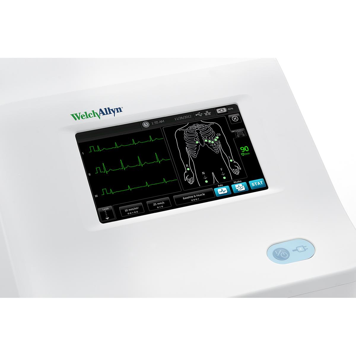 ECG de repos Welch Allyn CP 150, vue de face, spiromètre fixé, écran incitatif illustré