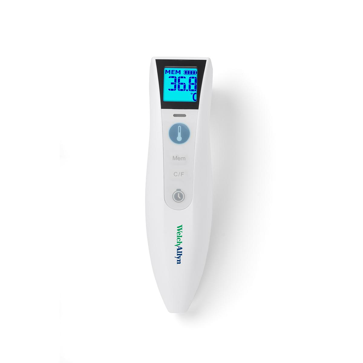 Den beröringsfria Welch Allyn CareTemp-termometern är vit och har en ljusstark blå digital mätvärdesskärm
