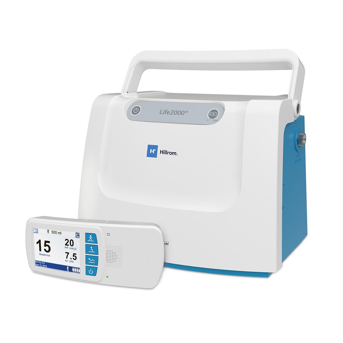 The Hillrom™ Life2000 System's compact compressor and lightweight, wearable ventilator with bright display screen are shown.