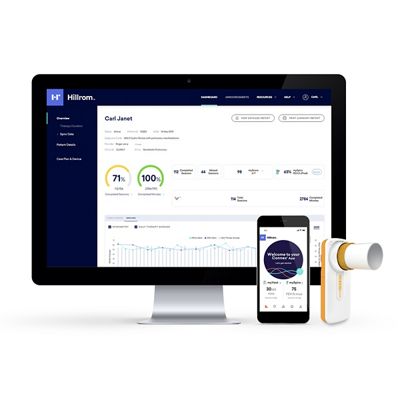 The Hillrom Connex App and Portal are shown on a smartphone and desktop computer monitor with spirometer.