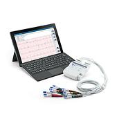 The Diagnostic Cardiology Suite and its Wireless Acquisition Module. The laptop screen displays captured ECG results.