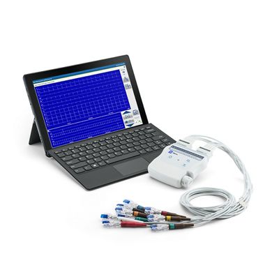 The Welch Allyn Diagnostic Cardiology Suite and its Wireless Acquisition Module. The laptop screen displays an ECG exam in progress.