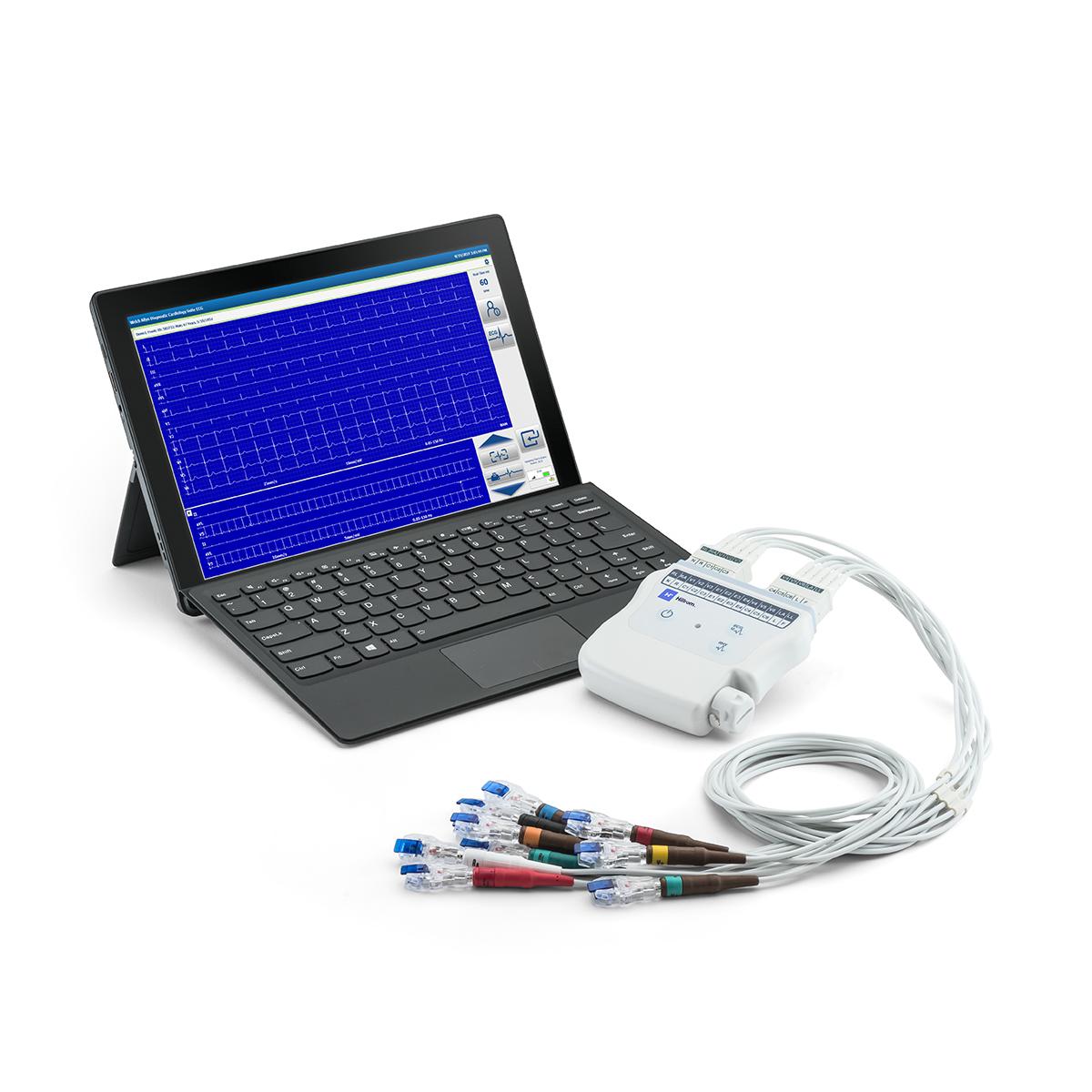 The Diagnostic Cardiology Suite and its Wireless Acquisition Module. The laptop screen displays an ECG exam in progress.