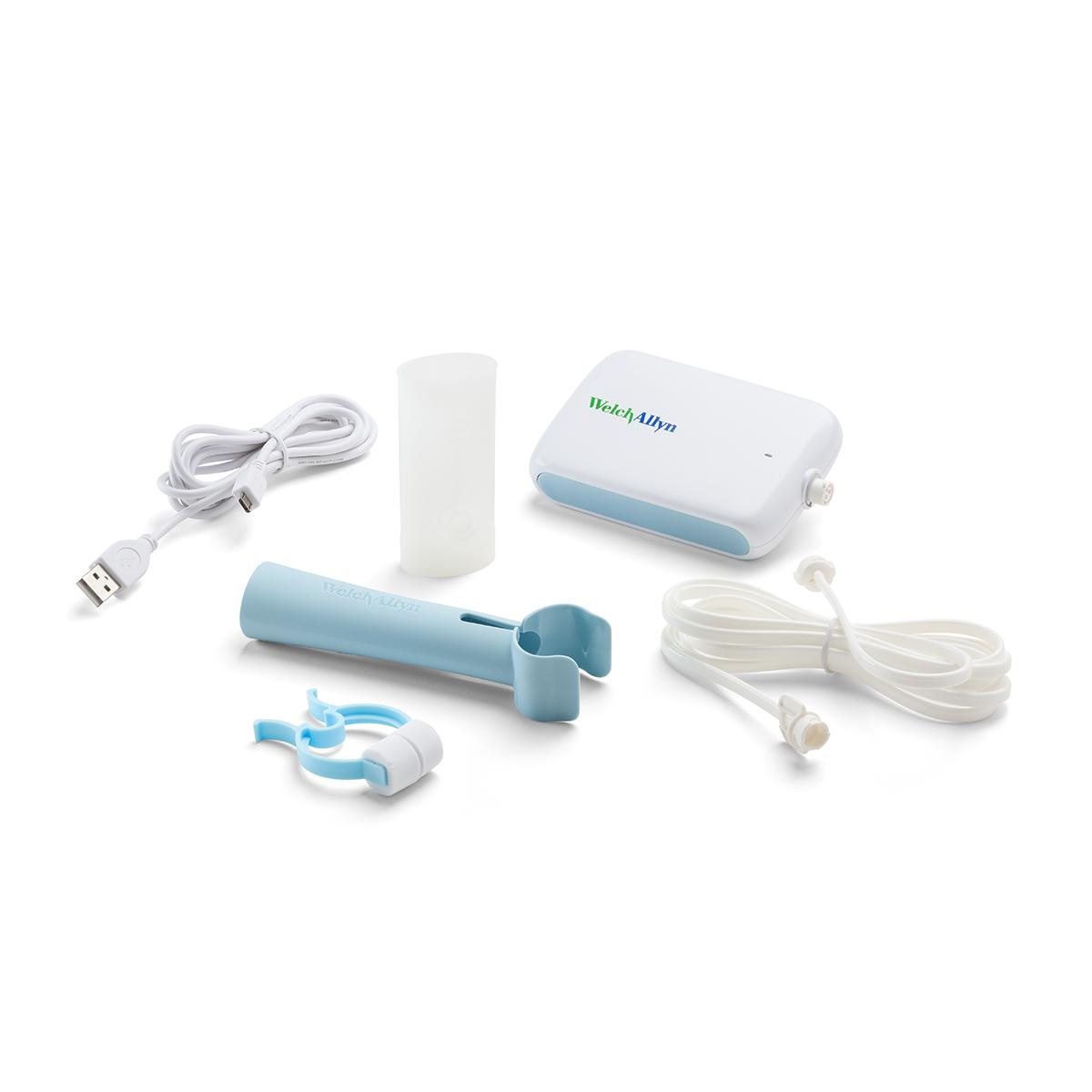Welch Allyn Diagnostic Cardiology Suite spirometer is shown with all accessories separated.