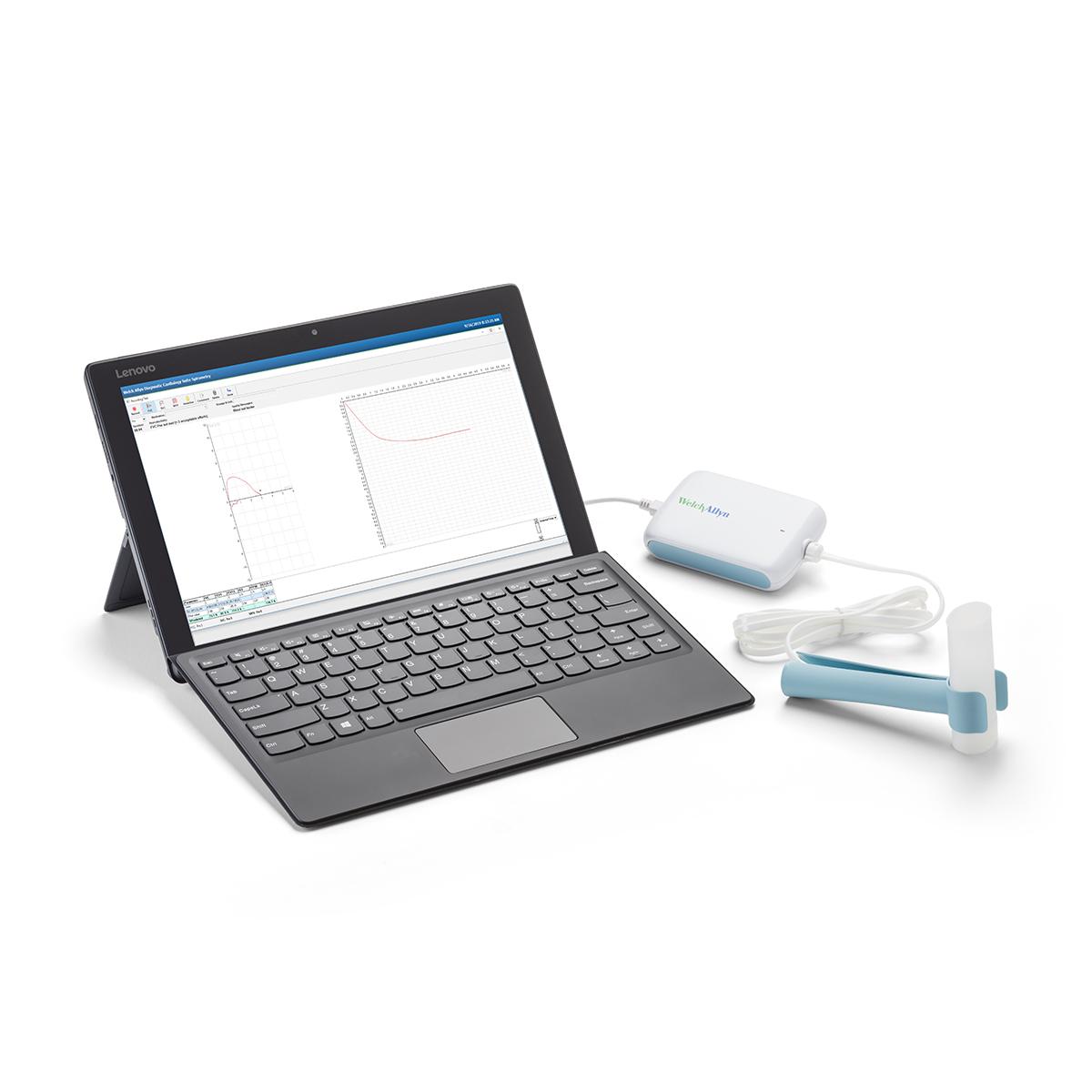 A spirometer is connected to a computer running Welch Allyn Diagnostic Cardiology Suite software, displaying a flow curve.