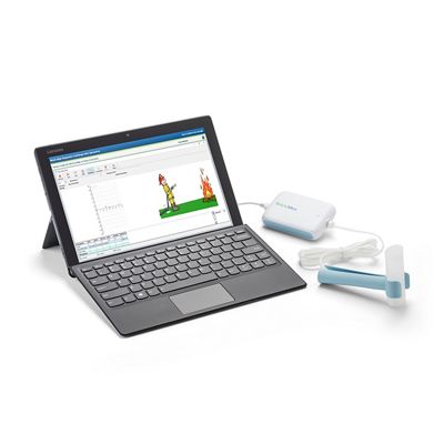 A spirometer is connected to a computer running Welch Allyn Diagnostic Cardiology Suite software, displaying an incentive screen.