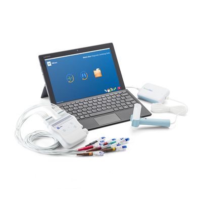 The Welch Allyn Diagnostic Cardiology Suite, with its ECG and Spirometry attachments, connected by USB to a laptop.