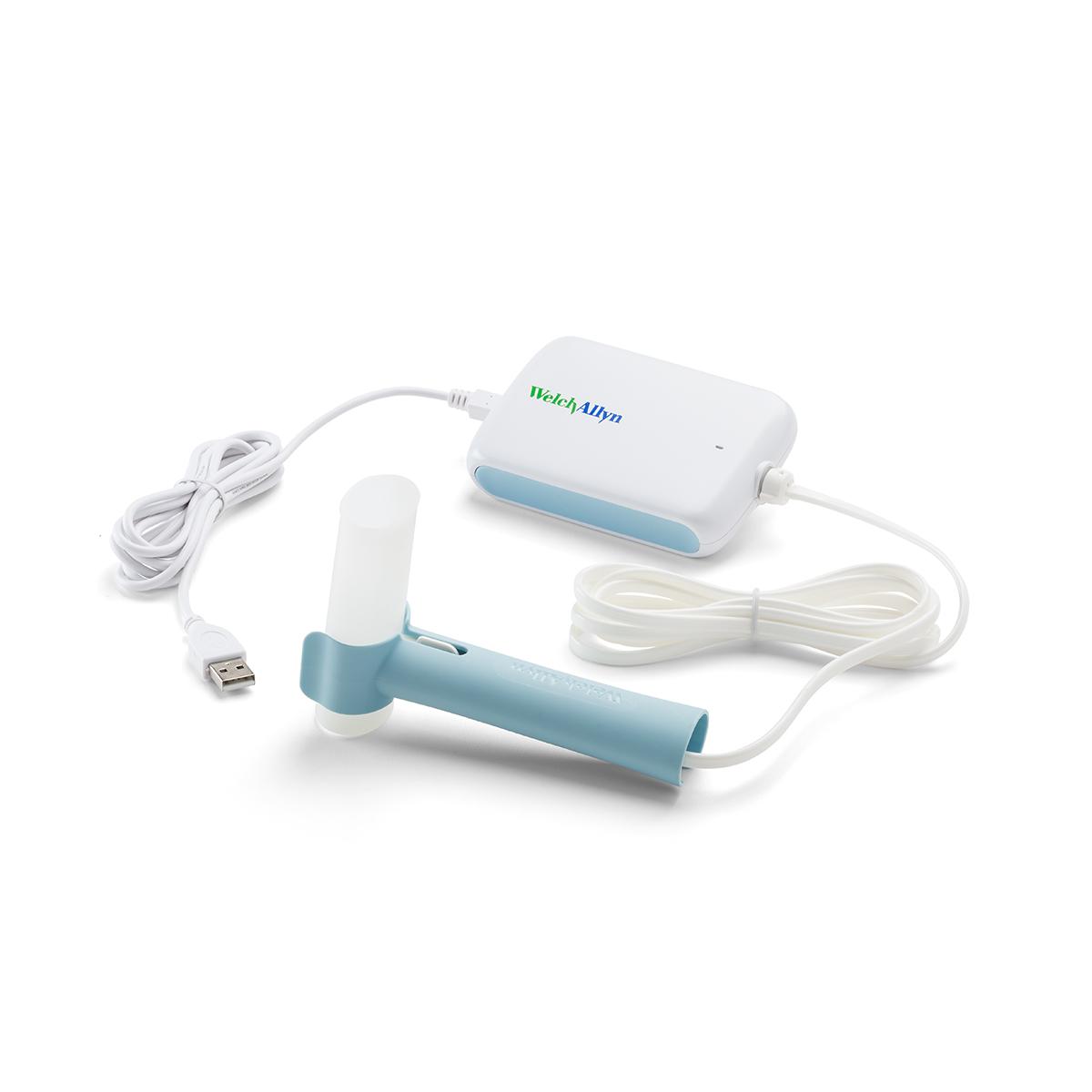 Welch Allyn Diagnostic Cardiology Suite spirometer is shown with flow tube attached